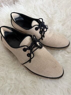 Tory Burch Fawn Oxford Linen Tan Espadrille Lace Up Loafers Shoes Women Size 9.5